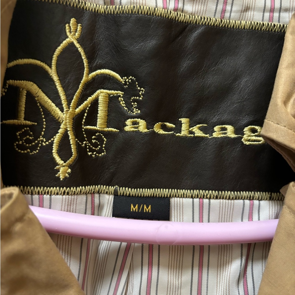 Mackage trench beige and brown coat with real brown leather belt and piping.